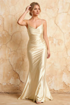 Lillian Light Yellow Satin Sheath V-neck Maxi Dress