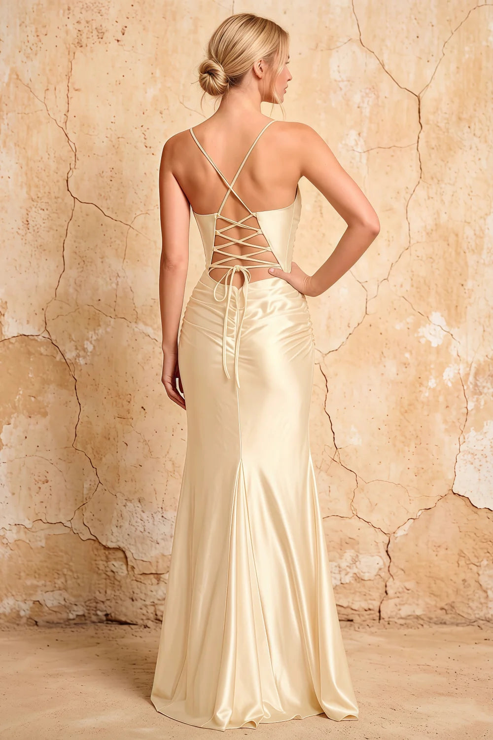 Lillian Light Yellow Satin Sheath V-neck Maxi Dress