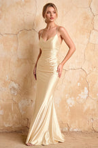 Lillian Light Yellow Satin Sheath V-neck Maxi Dress