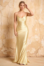 Lillian Light Yellow Satin Sheath V-neck Maxi Dress