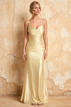 Lillian Light Yellow Satin Sheath V-neck Maxi Dress