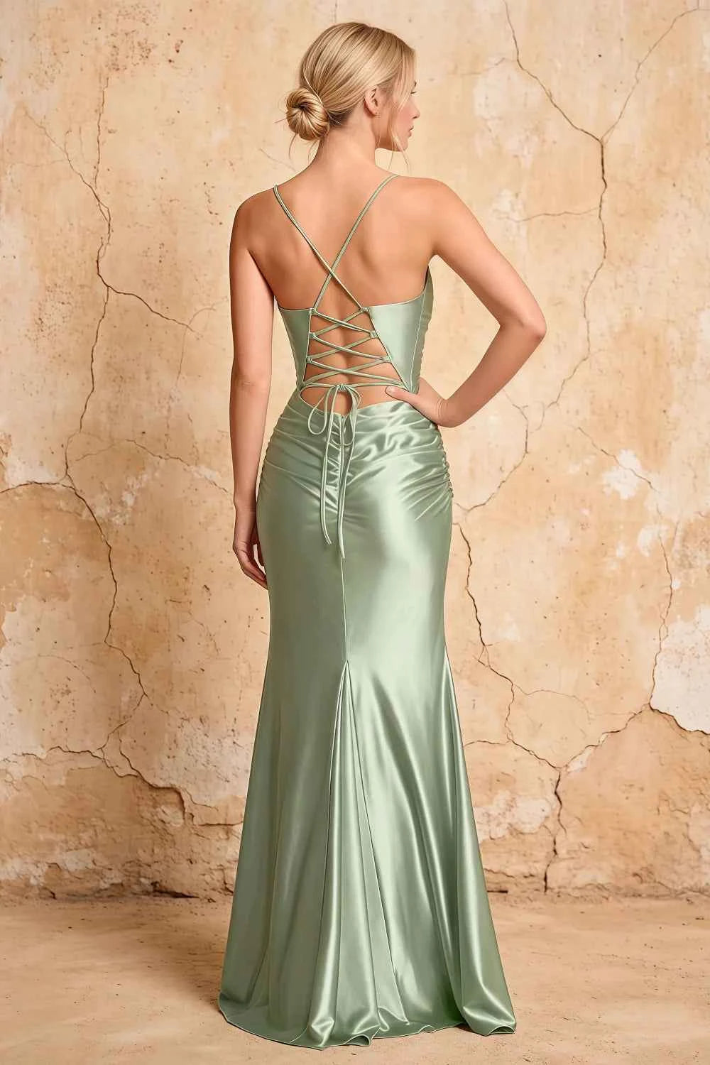 Translation missing: en.Lillian Mint Green satin sheath V-neck maxi dress with spaghetti straps and crisscross lace-up back - product photo 2 content.product_image_secondary