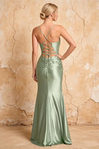 Lillian Mint Green Satin Sheath V-neck Maxi Dress