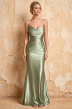 Lillian Mint Green Satin Sheath V-neck Maxi Dress