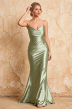 Lillian Mint Green Satin Sheath V-neck Maxi Dress