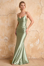 Lillian Mint Green Satin Sheath V-neck Maxi Dress