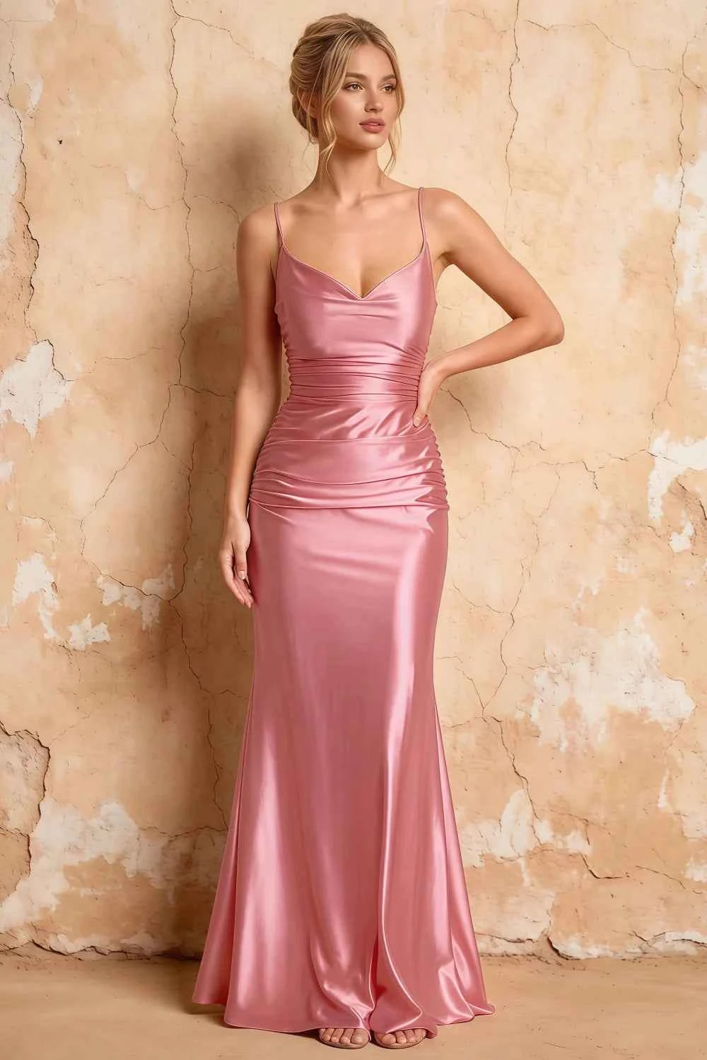 Lillian Pink Satin Sheath V-neck Maxi Dress Main image