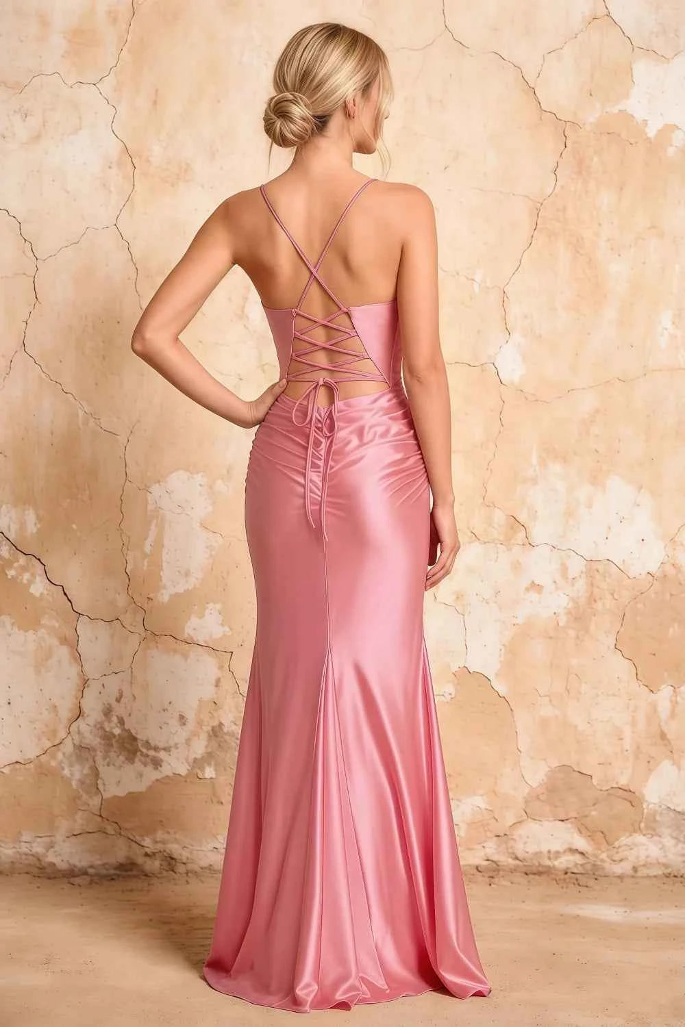 Lillian Pink Satin Sheath V-neck Maxi Dress Secondary image