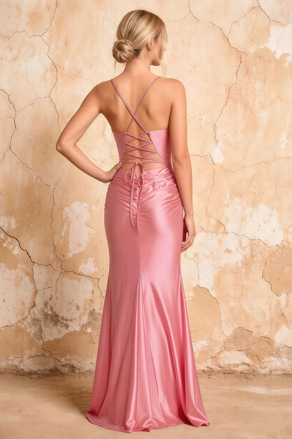 Lillian Pink Satin Sheath V-neck Maxi Dress