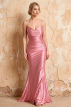 Lillian Pink Satin Sheath V-neck Maxi Dress