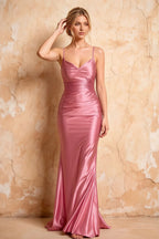 Lillian Pink Satin Sheath V-neck Maxi Dress