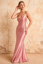 Lillian Pink Satin Sheath V-neck Maxi Dress