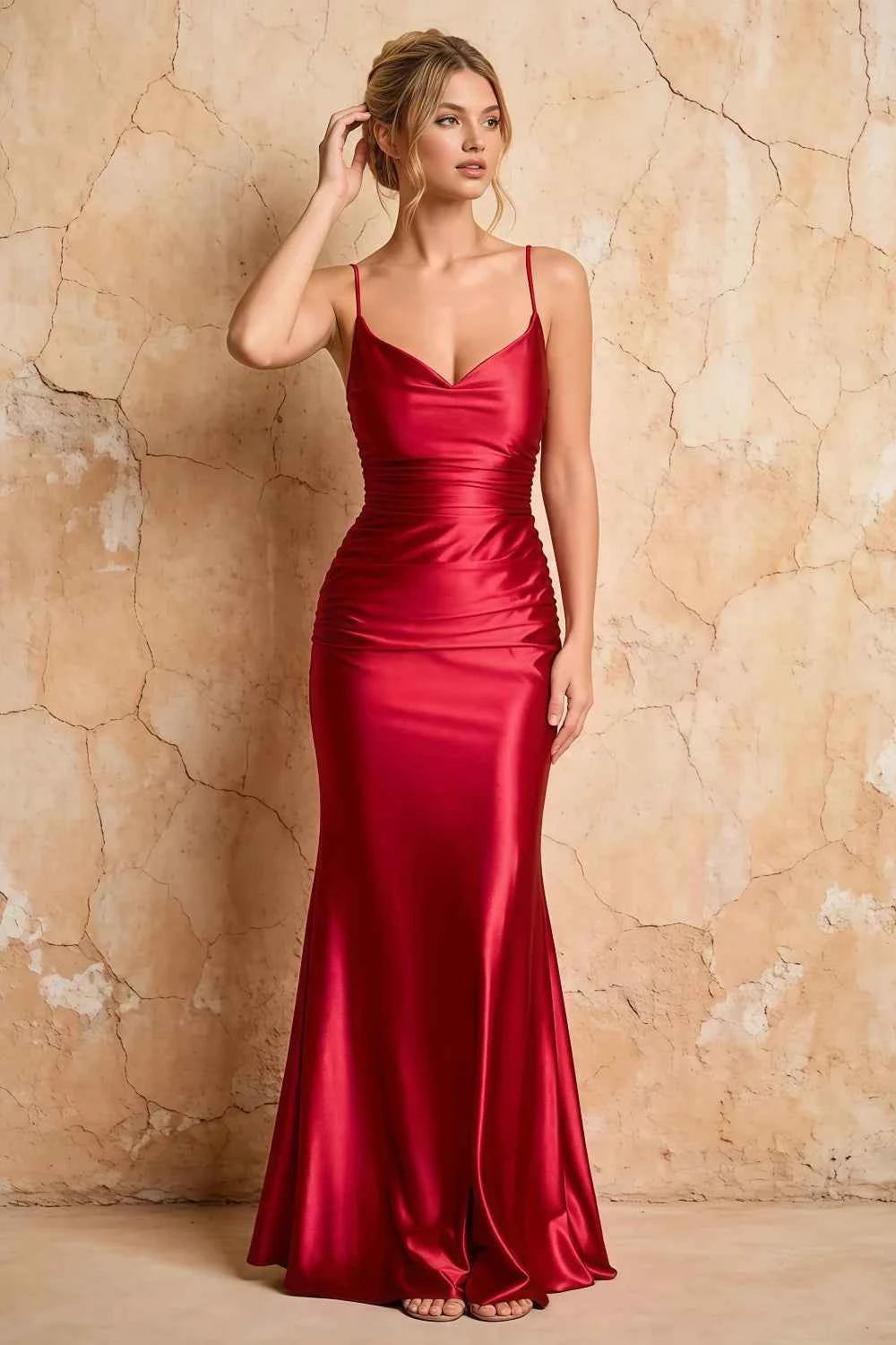 Lillian Red Satin Sheath V-neck Maxi Dress Main image