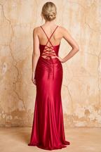 Lillian Red Satin Sheath V-neck Maxi Dress