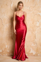 Lillian Red Satin Sheath V-neck Maxi Dress
