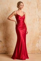 Lillian Red Satin Sheath V-neck Maxi Dress