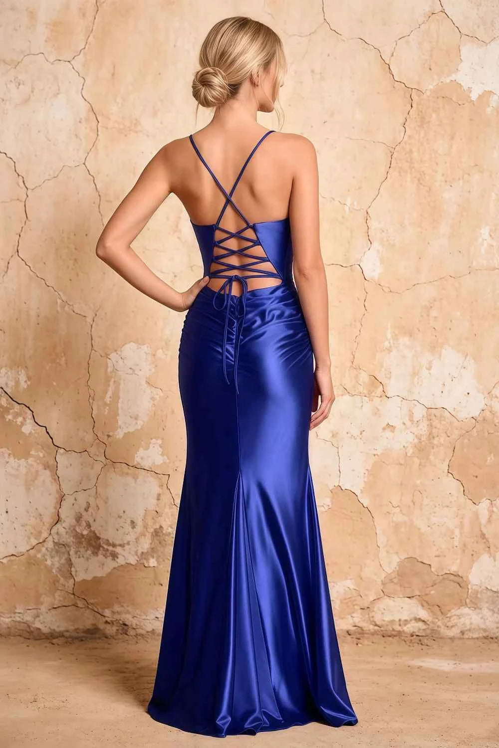 Lillian Royal Blue Satin Sheath V-neck Maxi Dress Secondary image