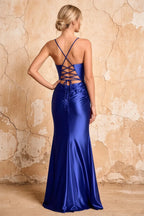 Lillian Royal Blue Satin Sheath V-neck Maxi Dress