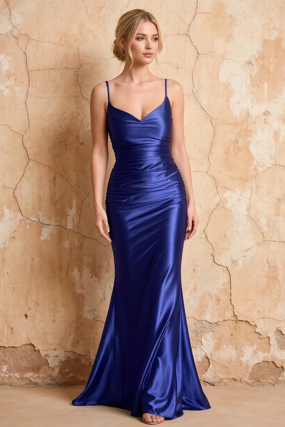 Lillian Royal Blue Satin Sheath V-neck Maxi Dress