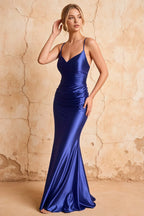 Lillian Royal Blue Satin Sheath V-neck Maxi Dress