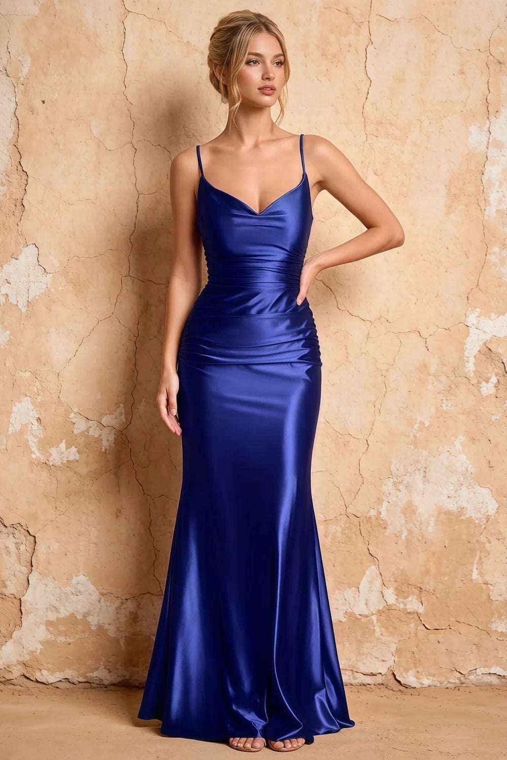Lillian Royal Blue Satin Sheath V-neck Maxi Dress