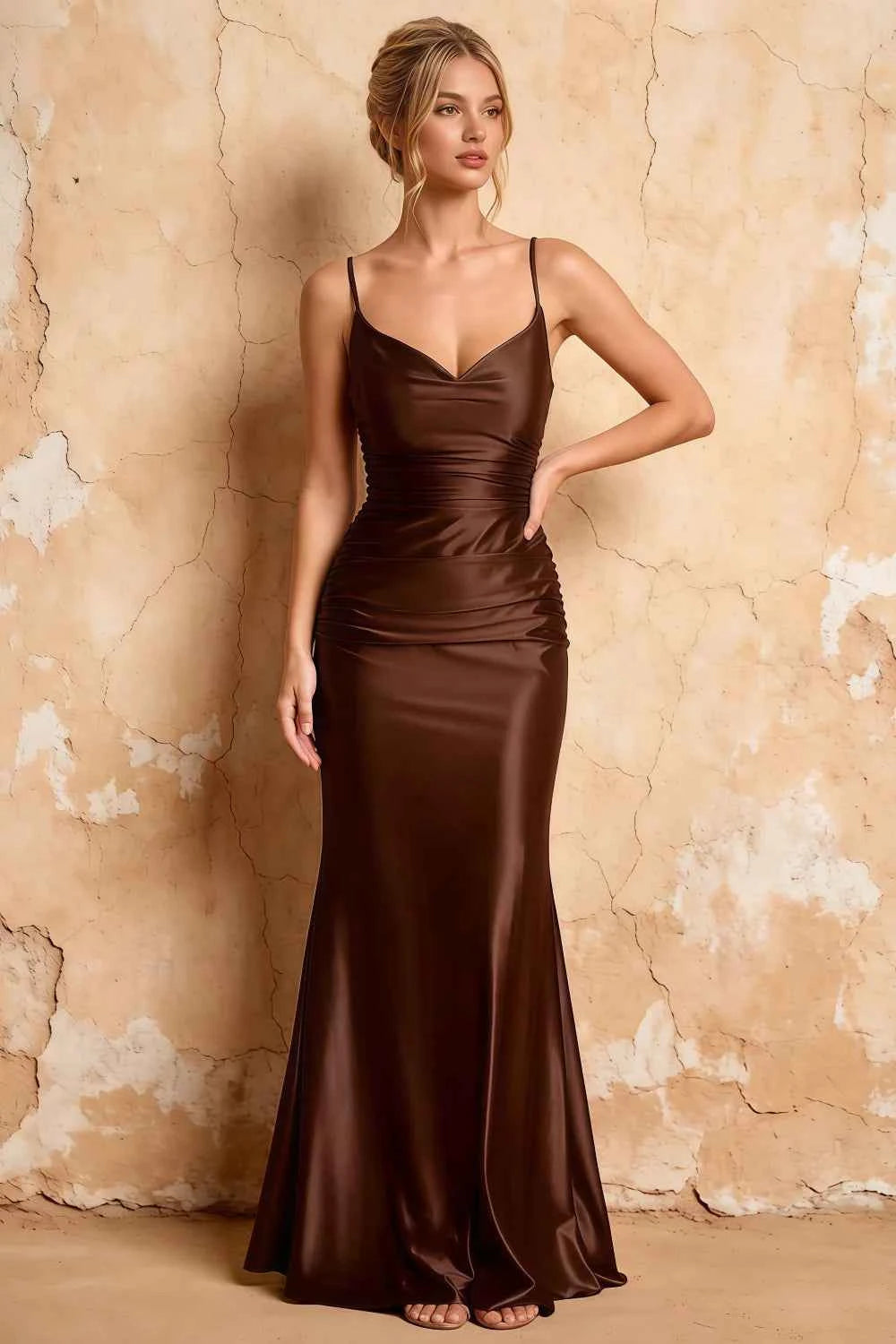 Lillian Taupe Satin Sheath V-neck Maxi Dress Main image