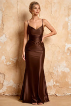 Lillian Taupe Satin Sheath V-neck Maxi Dress