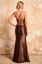 Lillian Taupe Satin Sheath V-neck Maxi Dress