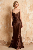 Lillian Taupe Satin Sheath V-neck Maxi Dress