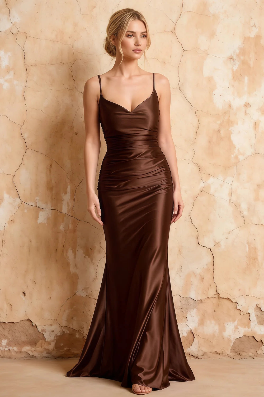Lillian Taupe Satin Sheath V-neck Maxi Dress