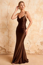 Lillian Taupe Satin Sheath V-neck Maxi Dress