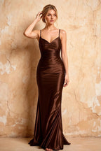 Lillian Taupe Satin Sheath V-neck Maxi Dress