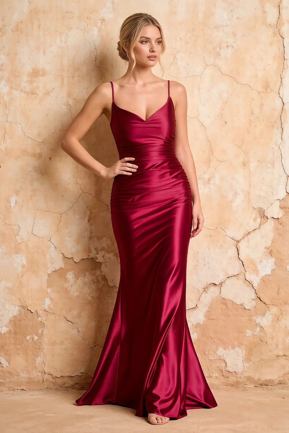 Lillian Wine Satin Sheath V-neck Maxi Dress