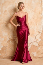 Lillian Wine Satin Sheath V-neck Maxi Dress
