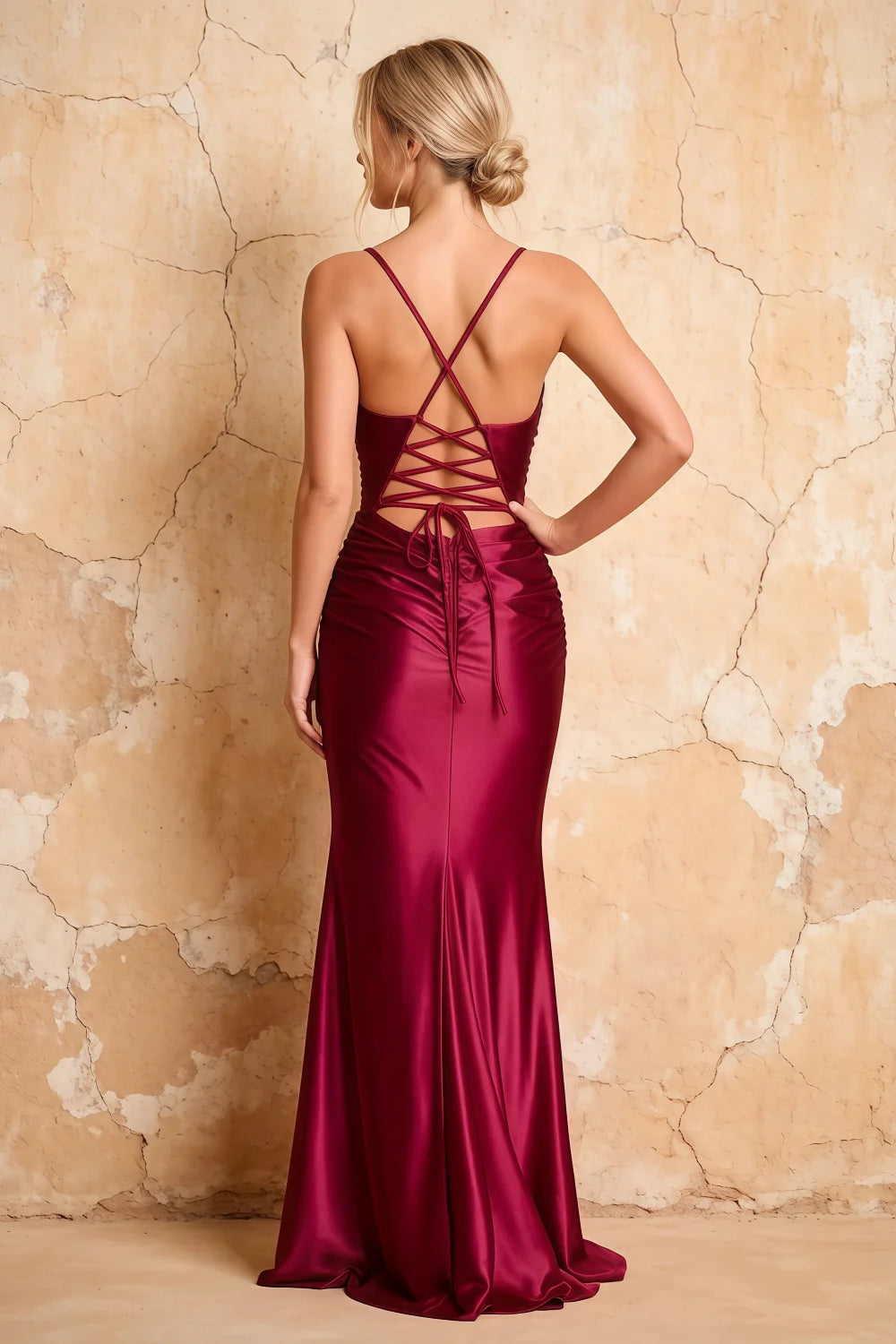 Lillian Wine Satin Sheath V-neck Maxi Dress