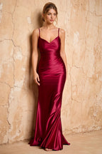 Lillian Wine Satin Sheath V-neck Maxi Dress
