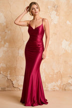 Lillian Wine Satin Sheath V-neck Maxi Dress