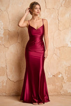 Lillian Wine Satin Sheath V-neck Maxi Dress