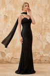 Lily Black Chiffon Pearl Maxi Dress With Detachable Halter Neck Sash