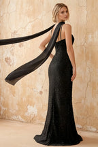 Lily Black Chiffon Pearl Maxi Dress With Detachable Halter Neck Sash