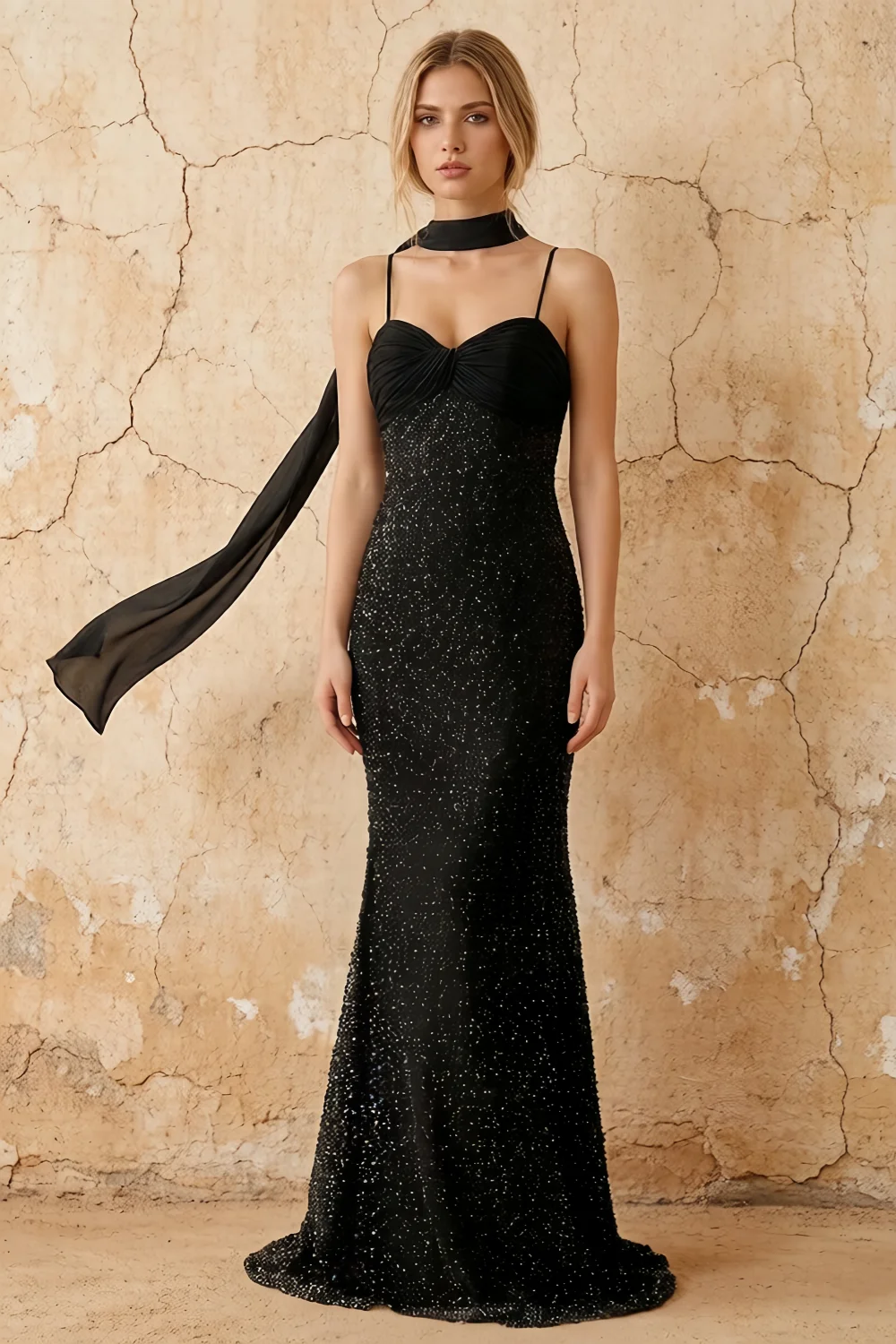 Lily Black Chiffon Pearl Maxi Dress With Detachable Halter Neck Sash