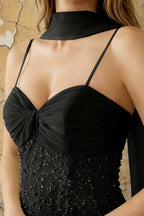 Lily Black Chiffon Pearl Maxi Dress With Detachable Halter Neck Sash