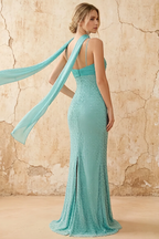 Lily Blue Chiffon Pearl Maxi Dress With Detachable Halter Neck Sash