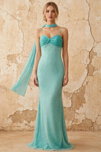Lily Blue Chiffon Pearl Maxi Dress With Detachable Halter Neck Sash