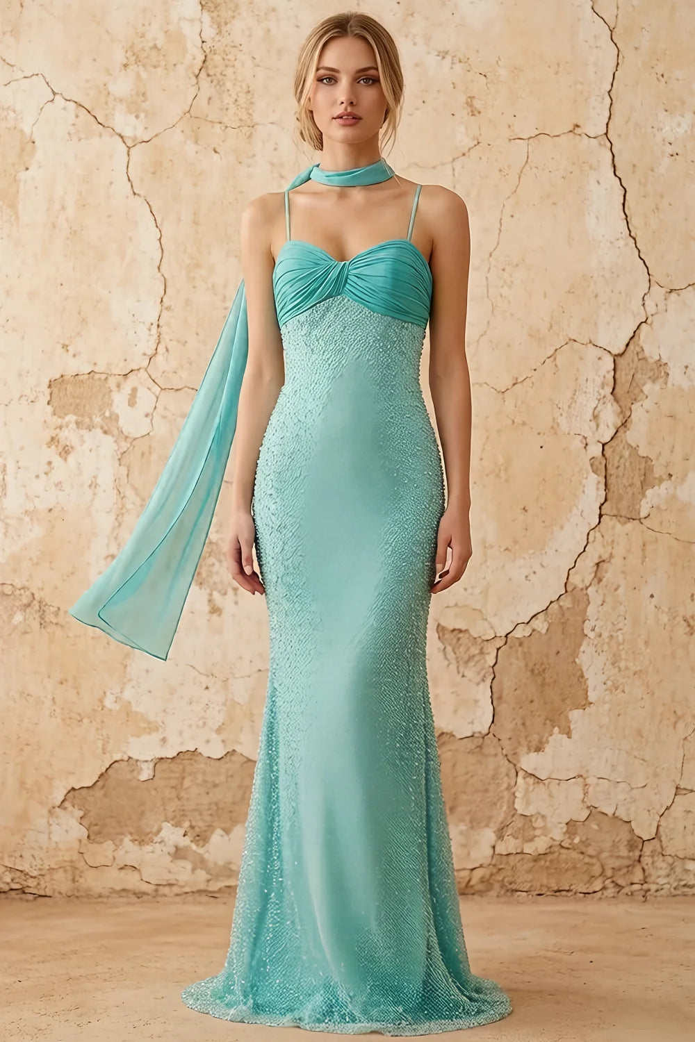 Lily Blue Chiffon Pearl Maxi Dress With Detachable Halter Neck Sash