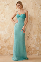 Lily Blue Chiffon Pearl Maxi Dress With Detachable Halter Neck Sash