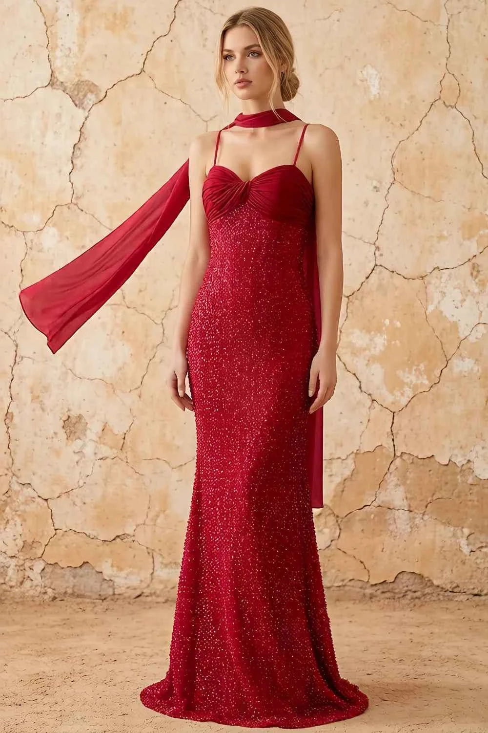 Lily Burgundy Chiffon Pearl Maxi Dress With Detachable Halter Neck Sash Main image
