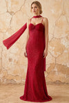Lily Burgundy Chiffon Pearl Maxi Dress With Detachable Halter Neck Sash