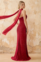 Lily Burgundy Chiffon Pearl Maxi Dress With Detachable Halter Neck Sash