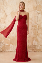 Lily Burgundy Chiffon Pearl Maxi Dress With Detachable Halter Neck Sash